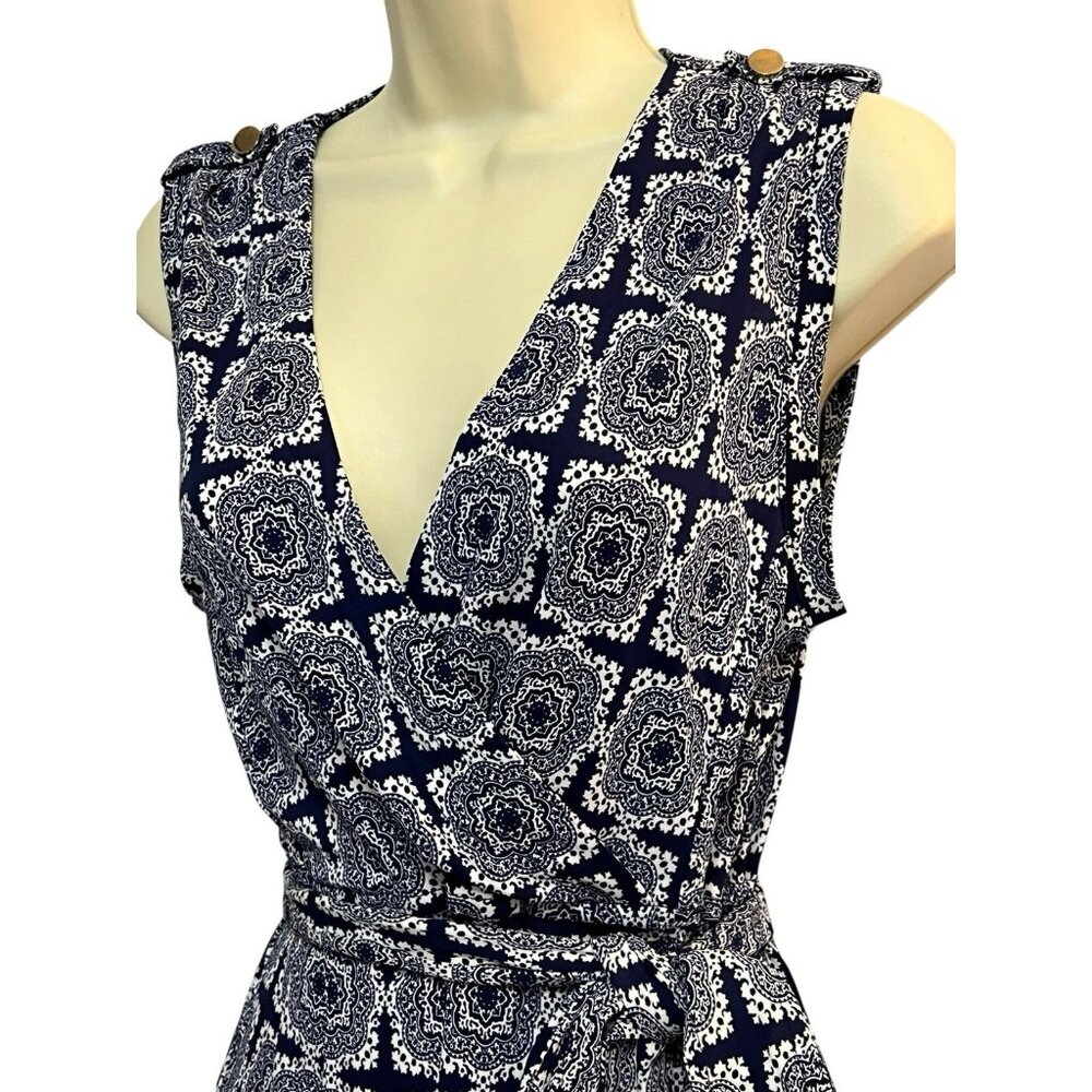 Banana Republic‎ Faux Wrap Dress Size XS Blue White Paisley Sleeveless Belted - Picture 12 of 16